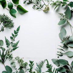 Fototapete - Elegant arrangement of fresh green leaves framing an empty space for creative text display in a natural setting. Generative AI