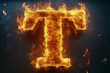 Fototapete - Flaming letter T in vibrant orange and yellow sparks against a dark backdrop creating dynamic visual energy
