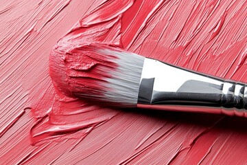 Poster - Bright red paint and brush create vibrant texture on canvas for artistic expression in a studio setting