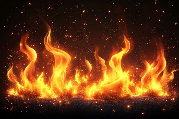 Poster - Bright flames dance against a dark background illuminating sparks in an intense fire display