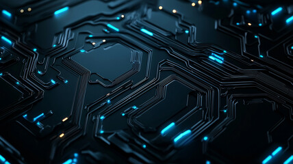 Leinwandbilder - futuristic dark circuit board with glowing blue lights, showcasing high tech and minimal design