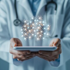 Poster - Cutting-Edge Medical Visualization Doctor with Digital Tablet and Holographic Icons - Futuristic Healthcare and Technology Interface for Professional Integration and Patient Care