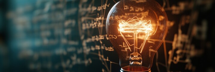 Leinwandbilder - Modern Chalkboard Vision Illuminated Lightbulb Amidst Equations and Symbols - Educational Creativity and Innovative Learning Design for Academic Spaces
