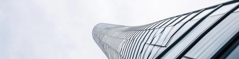 Aufkleber - Sleek Urban Architecture Curved Glass Facade on High-Rise Building - Modern Cityscape Imagery for Real Estate Branding and Sustainable Urban Development