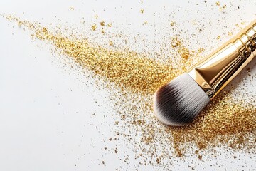 Aufkleber - Sparkling makeup brush resting on a bed of golden glitter during an artistic beauty session