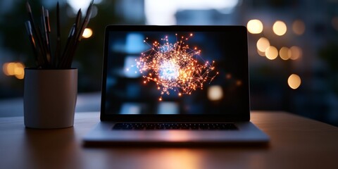 Leinwandbilder - Futuristic Workspace Holographic Data Viz on Sleek Laptop - Enhancing Productivity with Interactive Tech for Modern Offices and Digital Transformation Solutions