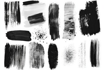 Aufkleber - Artistic black and white brush strokes on white background showcasing various textures and styles