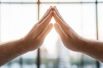 Poster - Collaborative Workspace Aesthetic High-Five Gesture Symbolizing Team Spirit and Innovation - Modern Office Dynamic and Knowledge Sharing in Diverse Urban Professional Settings