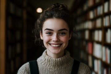 Aufkleber - Modern Aesthetic Library Experience Confident Young Woman with Knit Sweater in Library Alcove - Educational Content and Digital Learning Environments