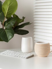 Aufkleber - Blended Workspace Aesthetic Textured Ceramic Cup with Keyboard on Minimalist Desk - Modern Digital Content for Tech-Inspired Home Offices and Creative Remote Work Solutions