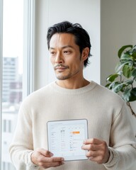 Poster - Contemporary Urban Financial Planning Asian Professional Holding Tablet with Expense Chart in Modern Coworking Space - Business Innovation and Digital Finance Strategy