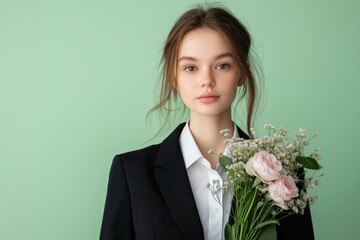 Wall Mural - A woman in a black suit and white shirt holding a bouquet of flowers. Concept of elegance and sophistication, as the woman is dressed in a formal outfit and holding a beautiful arrangement of flowers