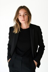 Wall Mural - A woman in a black jacket and pants poses for a photo. Concept of professionalism and confidence, as the woman stands tall and looks directly at the camera