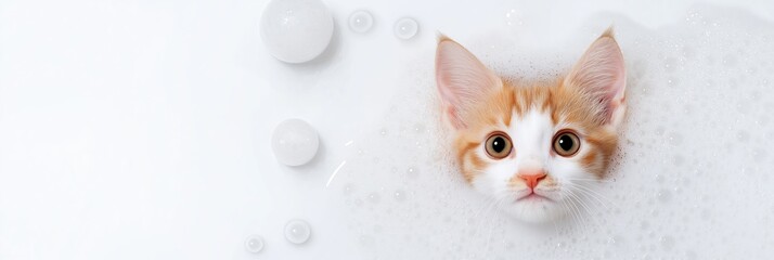 Sticker - A cat is in a bathtub with bubbles. The cat is looking at the camera. The image is playful and lighthearted