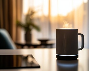 Aufkleber - Contemporary Smart Kitchen AI-Driven Robotic Arm with Sleek Ceramic Mug and Digital Interface - Advanced Home Automation and Sustainable Living Showcase