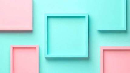 Wall Mural - Colorful Empty Frames on a Turquoise and Pink Background for Creative Art Display and Home Decoration Ideas