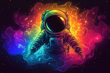Wall Mural - astronaut drifting through a vibrant cosmic landscape illuminated by colorful nebulas