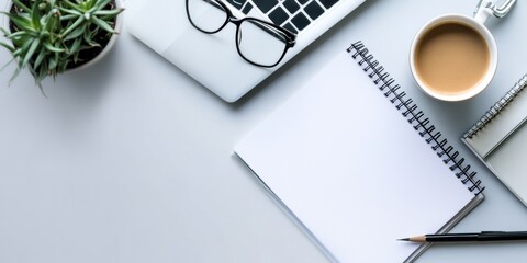 Fototapete - Minimalist Workspace Aesthetic Sleek Wireless Setup with Notepad and Coffee - Enhancing Tech-Driven Study and Creative Workflows for Modern Digital Education Solutions