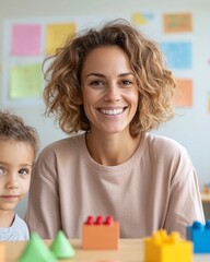 Poster - Warm Collaborative Learning Smiling Female Teacher Engages with Preschoolers Using Vibrant Blocks in Cozy Classroom - Early Childhood Education and Innovative Learning Spaces