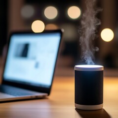 Leinwandbilder - Cozy Minimalist Smart Home Cylindrical Speaker and Steaming Coffee on Wood - Integrated Workspace Tech for Modern Home Office Efficiency and Lifestyle Elegance