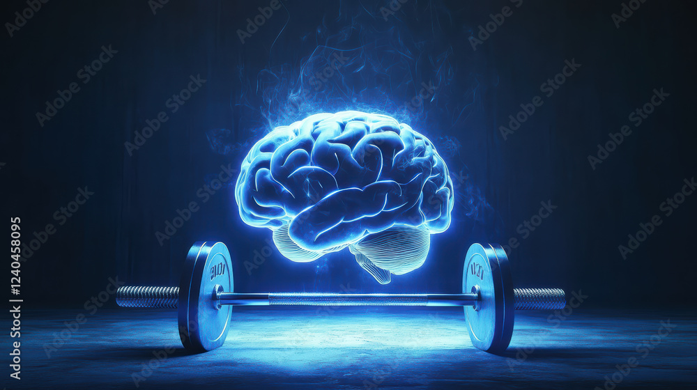 glowing brain lifting weights symbolizes mental strength and fitness ...