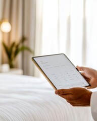 Aufkleber - Minimalist Smart Living Male Hand with Tablet for Seamless Hotel Booking in Modern Room - Enhancing Digital Travel Experience and Sustainable Hospitality