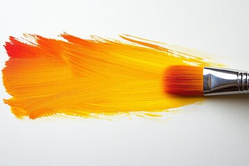 Poster - Vibrant brush strokes create a blend of yellow and orange colors on canvas in an artistic workspace