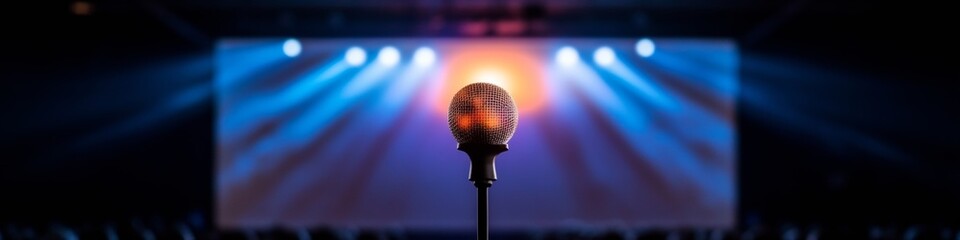 Fototapete - Industrial Elegance in Event Spaces Sleek Metallic Audio Setup on Stage with Focused Lighting - Elevating Professional Presentations for Corporate and Tech Industries