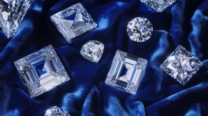 Canvas Print - Lab-grown diamonds in round, princess, and emerald cuts, displayed on rich blue velvet with ample copy space