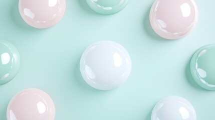 Wall Mural - Colorful glossy spheres arranged on a pastel background creating a modern and minimalistic aesthetic