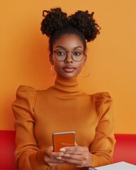 Fototapete - Modern Urban Learning Young Black Woman, 25, Engaged in Micro-Learning on Smartphone in Vibrant Cafe - Advancing E-Learning Trends in Education and Mobile Technology