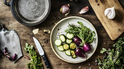 Canvas Print - Roasted Vegetables and Fresh Herbs on Rustic Wooden Table