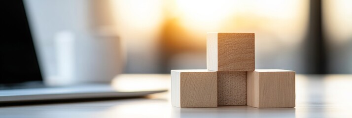Fototapete - Minimalist Growth Strategy Display Wooden Block Arrangement for Business Development - Modern Office Design and Strategic Planning Visualization Tools