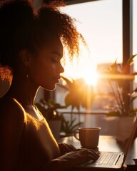 Leinwandbilder - Contemporary Creative Workspace Sunlit Cafe with Young Black Woman Typing Poetry on Laptop - Cultural Diversity and Remote Work in Creative Industries