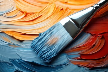 Aufkleber - Paint brush creates vivid abstract patterns on a colorful canvas with orange, blue, and red hues