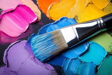 Aufkleber - Vibrant paint colors spread across a palette with a brush resting on top during an artistic session in a creative studio
