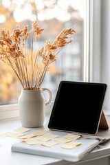 Fototapete - Minimalist Home Office Aesthetic Tablet on Stand with Sticky Notes and Natural Light - Enhancing Remote Work Digital Literacy for Modern Professionals