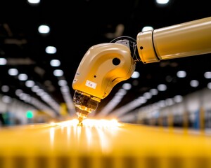 Fototapete - Futuristic Industrial Automation Precision Robotic Arm on Conveyor with Metallic Finish - Enhanced Manufacturing Efficiency and Smart Production for Industry 4.0