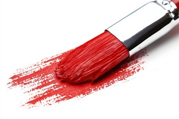Poster - Bright red paint brush making bold stroke on white canvas while artist prepares for creative project