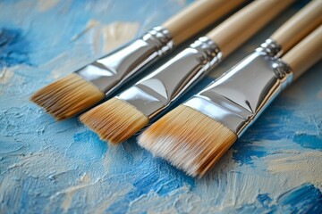 Poster - Close-up view of paintbrushes resting on textured blue canvas showcasing artistic tools and creativity at work