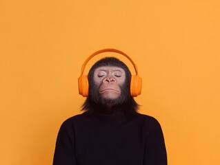 Fototapete - Vibrant Urban Jungle Audio Gorilla with Lined Headphones on Bold Yellow - Pop Culture Imagery and Trendy Branding for Contemporary Music Marketing