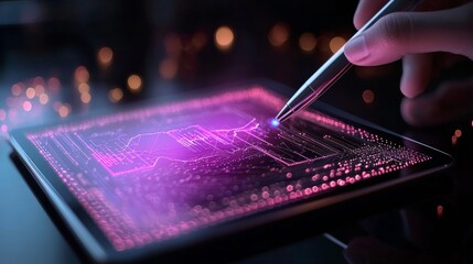 Aufkleber - Futuristic Payment Interface Holographic Charts on Transparent Tablet with Metallic Stylus - Tech Innovation and Fintech Solutions for Modern Businesses