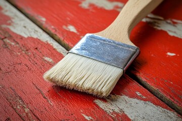 Poster - Brush resting on weathered red wooden surface with peeling paint in a cozy indoor setting