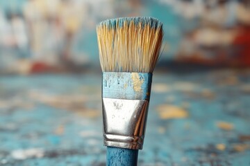 Poster - Artist brush resting on a colorful textured background in a creative workspace