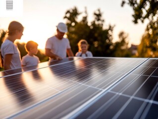Aufkleber - Contemporary Solar Energy Set-Up Family Observes Sustainable Panel Installation at Sunset - Residential Green Tech and Climate Advocacy in Modern Eco-Design