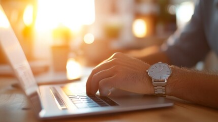Aufkleber - Sunlit Workspace Silver Watch and Professional Hands on Laptop - Modern Remote Collaboration and Digital Office Productivity for Progressive Business Teams