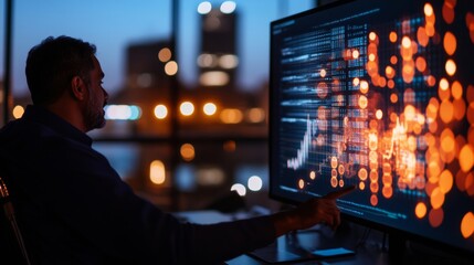 Aufkleber - Data Visualization Hub Nighttime Digital Workspace with LED Screens and Graphs - Modern Business Insights and Innovation in Urban Tech Environments