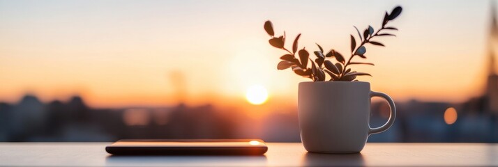Poster - Serene Minimalist Office Vibes White Ceramic Mug with Plant and Smartphone - Modern Productivity and Branding in Sunrise Workspace