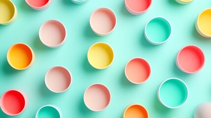 Wall Mural - Colorful Minimalist Arrangement of Round Containers on a Soft Mint Background for Creative Design Projects