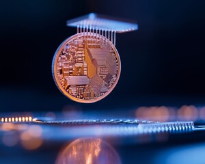 Aufkleber - Futuristic Cryptocurrency Display Gold Bitcoin with Circuit Texture on Reflective Surface - Blockchain Visualization for FinTech Innovation and High-Tech Marketing